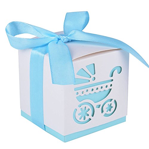 cube baby stroller 2.3" Cube Paper Favor Box with Blue Ribbon and Baby Stroller Pattern