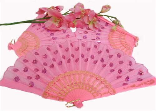 Pink Cloth Hand Fans with  Plastic Handle  (10 pcs)