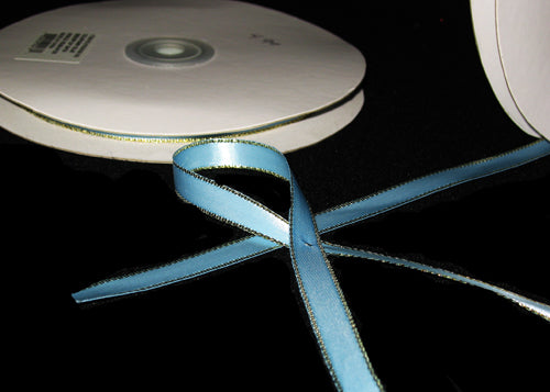 
                  
                    3/8" Double Face Satin Ribbon with Gold Edge Pastel Blue 50 Yards 
                  
                