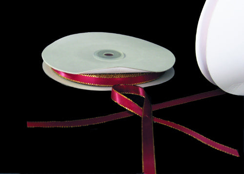
                  
                    3/8" Double Face Satin Ribbon with Gold Edge Burgundy 50 Yards 
                  
                