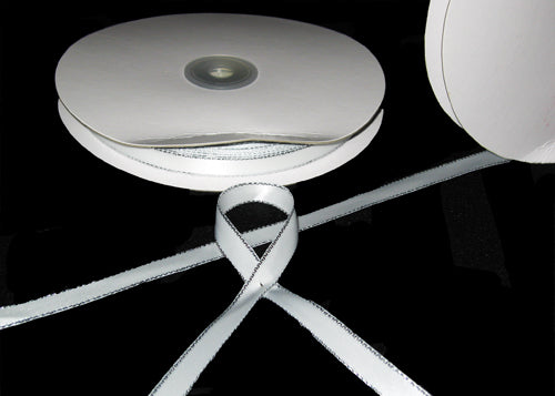 
                  
                    3/8" Double Face Satin Ribbon with Silver Edge White 50 Yards 
                  
                