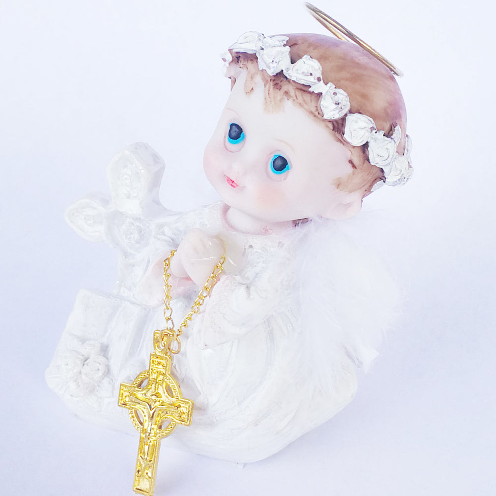 Praying Baby Angel with a Silver Cross and Feather Wings White 