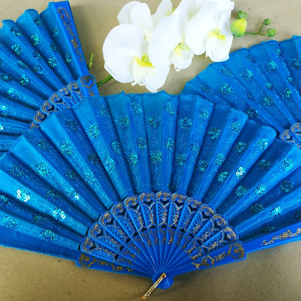 Turquoise Cloth Hand Fans with White Plastic Handle (10 pcs)